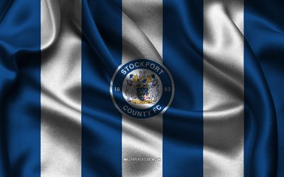 4k, logo fc della contea di stockport, tessuto di seta bianca blu, squadra di calcio inglese, emblema fc della contea di stockport, league one, stockport county fc, inghilterra, calcio, contea di stockport