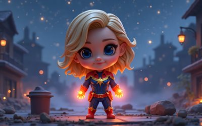 Captain Marvel, 4k, superheroes, chibi art, Marvel Comics, Captain Marvel chibi, night, 3D art, Captain Marvel 3D, fan art, Captain Marvel 4K