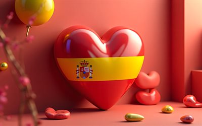 j'adore l'espagne, 4k, art 3d, créatif, jour d'espagne, drapeau de l'espagne, cœur avec drapeau espagnol, coeurs 3d, drapeau espagnol, espagne, amour pour l'espagne
