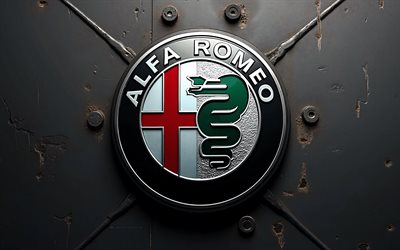 4k, logo alfa romeo metal, fond grunge en métal, alfa romeo, grunge, emblème d'alfa romeo, voitures italiennes, texture grunge en métal, logo alfa romeo 3d