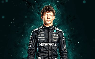 키미 안토넬리, 4k, 청록색 네온 조명, 메르세데스  amg 페트로나스 f1 팀, 공식 1, 이탈리아 레이싱 드라이버, 키미 안토넬리 4k, 포뮬러 원, f1, 키미 안토넬리 메르세데스  amg