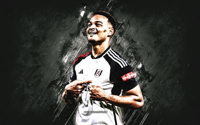 Rodrigo Muniz, Fulham FC, Brazilian football player, white stone background, grunge art, Premier League, England, football, Rodrigo Muniz Carvalho, Rodrigo Muniz Fulham