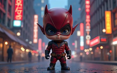 huimapäinen, 4k, supersankarit, chibi  taide, marvel  sarjakuvat, daredevil chibi, yö, 3d  taide, daredevil 3d, fani  taide, daredevil 4k