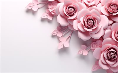 4k, roses roses 3d, minimalisme, arrière plans gris, cadre floral 3d, arrière plan floral, fleurs roses 3d, créatif, fleurs 3d, fleurs roses, contexte avec des fleurs, arrière plans floraux roses