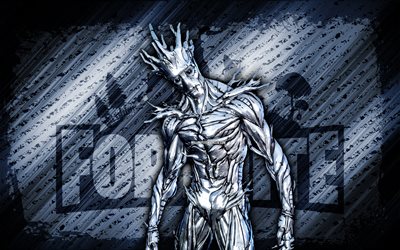 Silver Foil Groot Fortnite, 4k, gray diagonal background, grunge art, Fortnite, artwork, Silver Foil Groot Skin, Fortnite characters, Silver Foil Groot, Fortnite Silver Foil Groot Skin