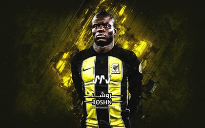 ngolo kante, al ittihad club, gelber steinhintergrund, grunge  kunst, französischer fußballer, al ittihad, fußball, saudi arabien, ngolo kante ittihad