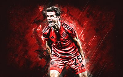 Thomas Muller, FC Bayern Munich, German football player, red stone background, grunge art, Bundesliga, Germany, football, Thomas Muller Bayern Munich