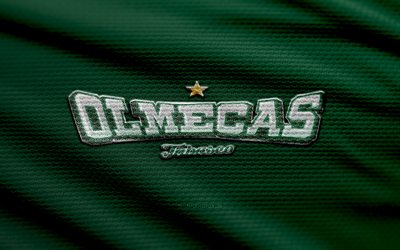 olmecas de tabasco kumaş logosu, 4k, yeşil kumaş arka plan, lmb, bokh, beyzbol, olmecas de tabasco logosu, olmecas de tabasco amblemi, meksika beyzbol takımı, olmecas de tabasco