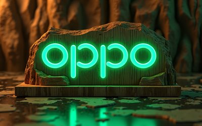 logo di oppo neon, 4k, grunge art, sfondi di legno, oppo logo in legno, opera d'arte, oppo green logo, creativo, logo oppo 3d, logo oppo, marchi elettronici, oppo