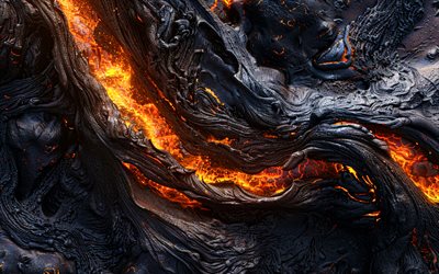 4k, ホット溶岩, マクロ, 火の炎, 燃える溶岩, 火山噴火, 溶岩テクスチャ, 溶岩の背景, 溶岩, 固化溶岩
