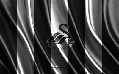 4k, logo swansea fc, campionato, consistenza della seta bianca nera, flag swansea fc, squadra di calcio inglese, calcio, bandiera di seta, emblema swansea fc, inghilterra, distintivo di swansea fc, swansea fc