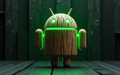4k, android  puinen logo, vihreät neonvalot, os  tuotemerkit, 3d  taide, bokeh, vihreä puinen tausta, android 3d  logo, luova, android  logo, tuotemerkit, androidi