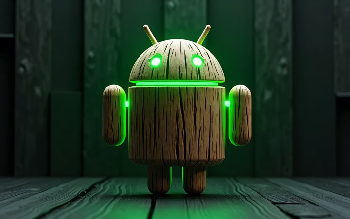 4k, android  puinen logo, vihreät neonvalot, os  tuotemerkit, 3d  taide, bokeh, vihreä puinen tausta, android 3d  logo, luova, android  logo, tuotemerkit, androidi