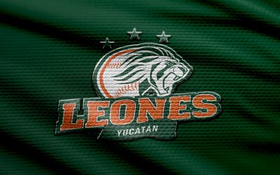 leones de yucatan kumaş logosu, 4k, yeşil kumaş arka plan, lmb, bokh, beyzbol, leones de yucatan logosu, leones de yucatan amblemi, meksika beyzbol takımı, leones de yucatan