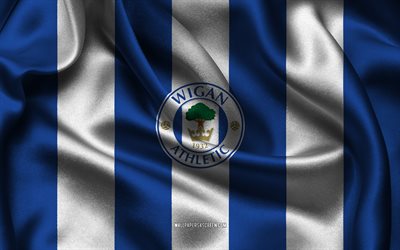 4k, wigan athletic fc logo, tessuto di seta bianca blu, squadra di calcio inglese, wigan athletic fc emblem, league one, wigan athletic fc, inghilterra, calcio, wigan atletico
