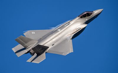 Lockheed Martin F-35 Lightning II, US Air Force, F-35 in the sky, blue sky, American fighter, USA, Lockheed Martin