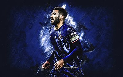 Reece James, Chelsea FC, English footballer, blue stone background, grunge art, Premier League, England, football, Reece James Chelsea