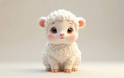 4k, cute 3d lamb, cartoon 3d raccoon, cute animals, lamb, 3d animals, cartoon 3d animals, funny lamb, little lamb, gray background