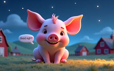 4k, gute nacht, cartoon  ferkel, bauernhof, 3d  kunst, nacht, sommer, sprachblasen, gute nachtwünsche, schweine, ferkel, gute nachtkonzepte