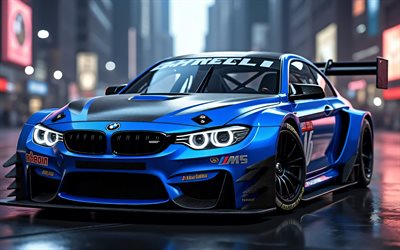 bmw m4, 4k, nighscapes, アートワーク, スーパーカー, f82, ブルーbmw m4, 2018 bmw m4, ドイツの車, bmw f82, bmw