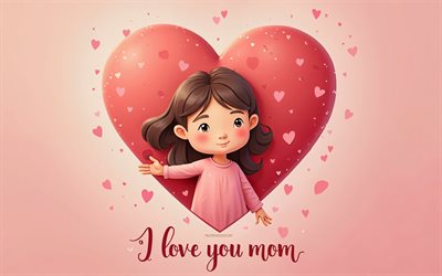 te amo inscripción mamá, 4k, chica de dibujos animados en el corazón, hija y madre, amor por la madre, te amo mamá, mensaje para mamá, arte creativo, fondo rosa