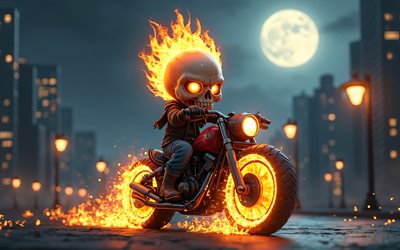Ghost Rider, 4k, superheroes, chibi art, Marvel Comics, Ghost Rider chibi, night, 3D art, Ghost Rider 3D, fan art, Ghost Rider 4K