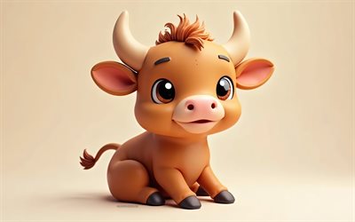 4k, かわいい3dブル, 漫画3dブル, かわいい動物, ブル, 3d動物, 漫画3d動物, 面白い雄牛, リトルブル, オレンジ色の背景