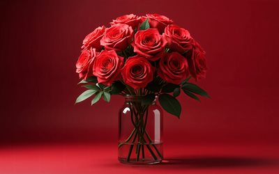 4k, röda rosor bukett, röd bakgrund, röda rosor, 3d  blommor, 3d  rosor, rosor bukett, röda blommor, rosor, bakgrund med röda rosor