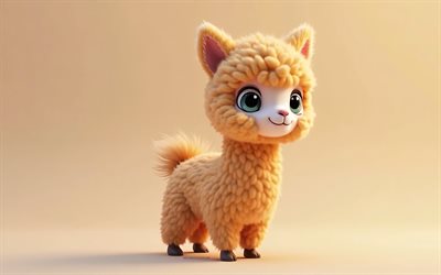 4k, cine 3d alpaca, cartoon 3d alpaca, animali carini, alpaca, animali 3d, animali 3d di cartoni animati, alpaca divertente, little alpaca, sfondo arancione