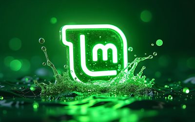 Linux Mint neon logo, 4k, water splashes, OS brands, green glitter background, Linux, artwork, Linux Mint 3D logo, brands logo, OS logo, Linux Mint logo, brands, Linux Mint