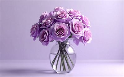 4k, bouquet di rose viola, sfondo viola, rose viola, fiori 3d, rose 3d, bouquet roses, fiori viola, rose, sfondo con rose viola