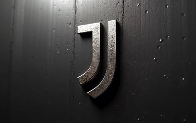 Juventus FC metal logo, 4k, black wall background, Juventus FC logo, italian football club, Serie A, Italy, football, Juventus FC emblem, Juve, Juventus FC 3d logo, Juventus