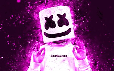 4k, dj marshmello, lila neonlichter, musikstars, christopher comstock, marshmello  maske, beliebte sänger, amerikanischer dj, superstars, marshmello, lila abstrakter hintergrund, djs, marshmello 4k