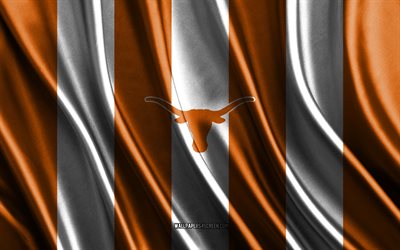 4k, logotipo de los longhorns de texas, ncaa, textura de seda blanca naranja, bandera de los longhorns de texas, club de fútbol americano, bandera de seda, emblema de los longhorns de texas, eeuu, insignia de los longhorns de texas, cuernos largos de texas