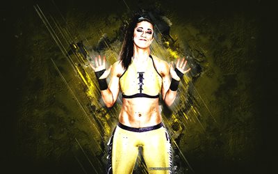 bayley, wwe, amerikkalainen painija, keltainen kivi tausta, bayley painija, wwe mestari, grunge taidetta, usa, paini, pamela rose martinez, bayley wwe, world wrestling entertainment