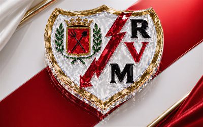 rayo vallecano kristalllogo, weißer roter metallhintergrund, rayo vallecano emblem, rayo vallecano logo, rayo vallecano kristallschild, la liga, spanien, fußball, rayo vallecano