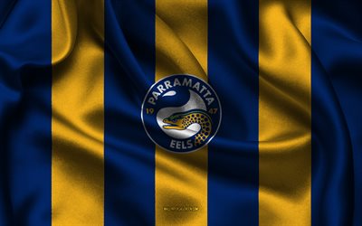 4k, parramatta eels logo, australisches rugby team, nrl, blau gelber seidenstoff, nationale rugby liga, parramatta eels emblem, parramatta aale, australien, rugby, parramatta eels schild