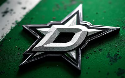 ダラススターズのメタルロゴ, 4k, 緑の金属の背景, nhl, ダラス・スターズのロゴ, ダラス・スターズのエンブレム, アメリカ合衆国, ダラス・スターズ, ホッケー