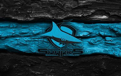 holzlogo der cronulla sutherland sharks, 4k, schwarz blauer holzhintergrund, nrl, rugby, cronulla sutherland sharks logo, cronulla sutherland sharks emblem, australisches rugby team, cronulla sutherland haie