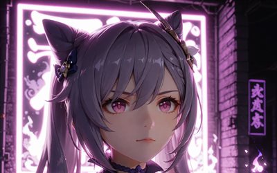 4k, keqing, violetit neon valot, 3d taide, genshin vaikutus, yö, anime hahmoja, genshin impact  hahmot, keqing genshin vaikutus