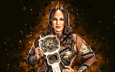 nia jax, 4k, turuncu neon ışıklar, wwe, yaratıcı, amerikan güreşçisi, savelina fanene, nia jax kemerli, turuncu arka plan, dünya güreş eğlencesi, güreşçiler, nia jax 4k