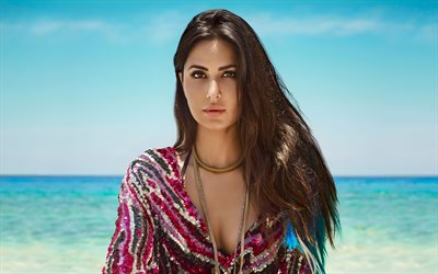 katrina kaif, 4k, costa, atriz indiana, bollywood, praia, beleza, fotos com katrina kaif, mulher morena, atriz popular, celebridade indiana, sessão fotográfica de katrina kaif