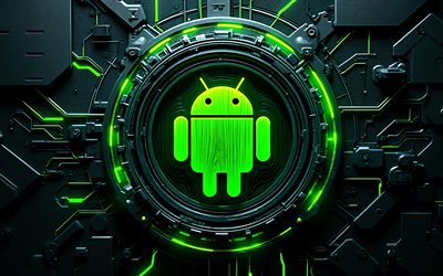4k, एंड्रॉइड 3डी लोगो, रचनात्मक, डार्क हाई टेक पृष्ठभूमि, हरी चमक, कंडक्टर, ओएस ब्रांड, माइक्रोसर्किट पर android लोगो, ब्रांडों, एंड्रॉइड चमकता हुआ लोगो, कलाकृति, एंड्रॉइड लोगो, एंड्रॉइड