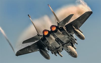 mcdonnell douglas f 15e strike eagle, combattente d'attacco americano, vista dal basso, f 15 nel cielo, aeronautica americana, f 15e strike eagle, aerei militari americani