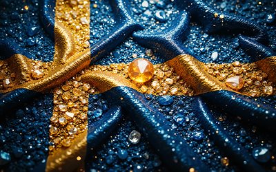 Sweden flag, 4K, gemstones, flag of Sweden, crystals, shiny stones, Sweden, creative art, blue gemstones, Europe, blue crystals, Swedish flag