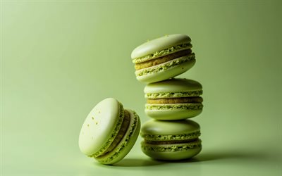 yeşil makarna, 4k, yeşil arka plan, çerezler, pişmiş ürünler, makarnalar, fıstıklı makarna