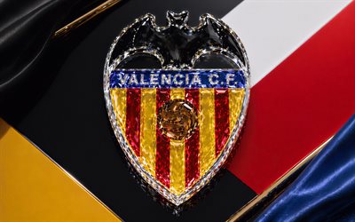 valencia cf kristalllogo, weißer metallhintergrund, emblem des fc valencia, valencia cf logo, valencia cf kristallschild, la liga, spanien, fußball, valencia cf, valencia logo, fc valencia