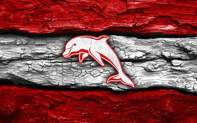 delfin logo aus holz, 4k, rot weißer holzhintergrund, nrl, rugby, delfin logo, delfin emblem, australisches rugby team, delfine