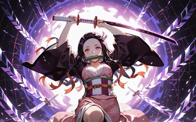 4k, nezuko kamado, savaş, kılıç, iblis avcısı, kimono, menekşe soyut arka plan, kahraman, iblis avcısı kimetsu no yaiba, yeşil bambu şakası, manga, kamado nezuko, şeytan avcısı, nezuko kamado kimetsu no yaiba