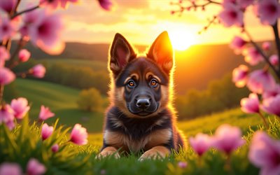 4k, जर्मन शेफर्ड पिल्ला, सूर्यास्त, वसंत, चेरी खिलना, कुत्ते, प्यारे जानवर, पिल्लों, पालतू जानवर, जर्मन शेपर्ड, bokeh, वसंत के फूल, जर्मन शेफर्ड कुत्ता